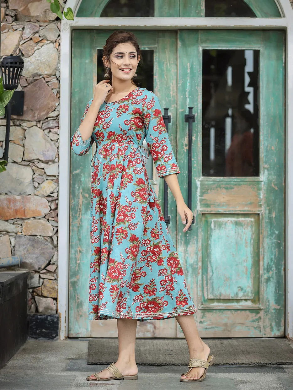 Turquoise Floral Printed Cotton Ethnic Dress - pacificexportsimports - #tag1#