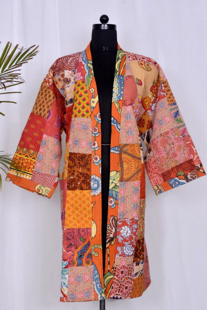 Vintage Patchwork Orange Quilted Jacket Kimino - pacificexportsimports - #tag1#