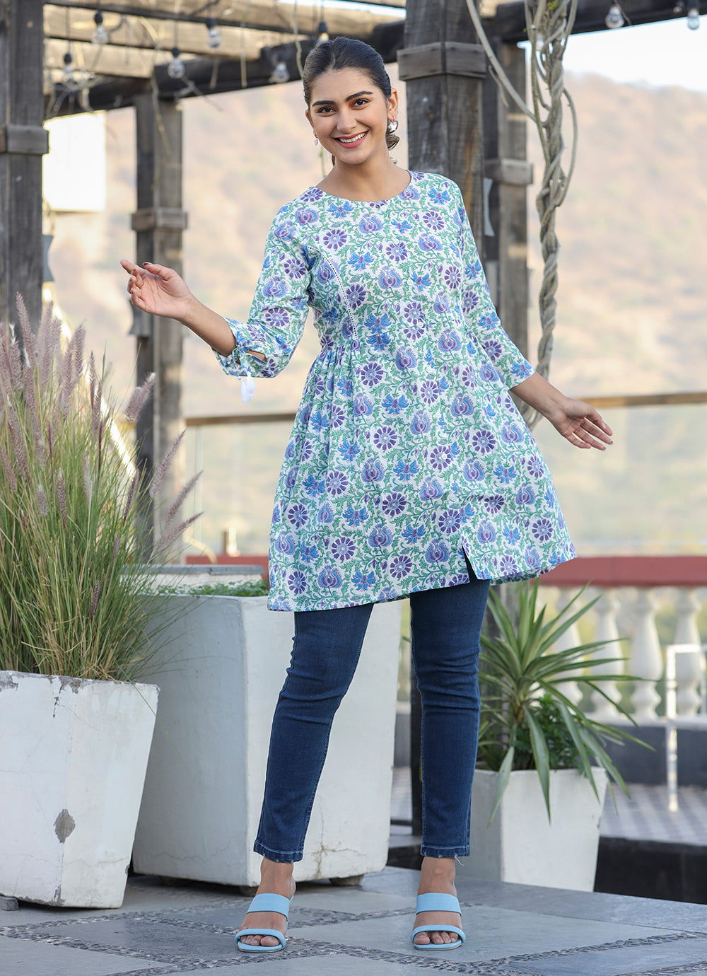 White-Blue Floral Print Cotton Shirt Style Tunic - pacificexportsimports - #tag1#