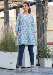 White-Blue Floral Print Cotton Shirt Style Tunic - pacificexportsimports - #tag1#