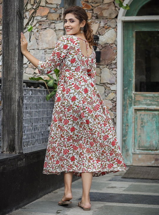 White Red Floral Printed Cotton Ethnic Dress - pacificexportsimports - #tag1#