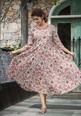 White Red Floral Printed Cotton Ethnic Dress - pacificexportsimports - #tag1#