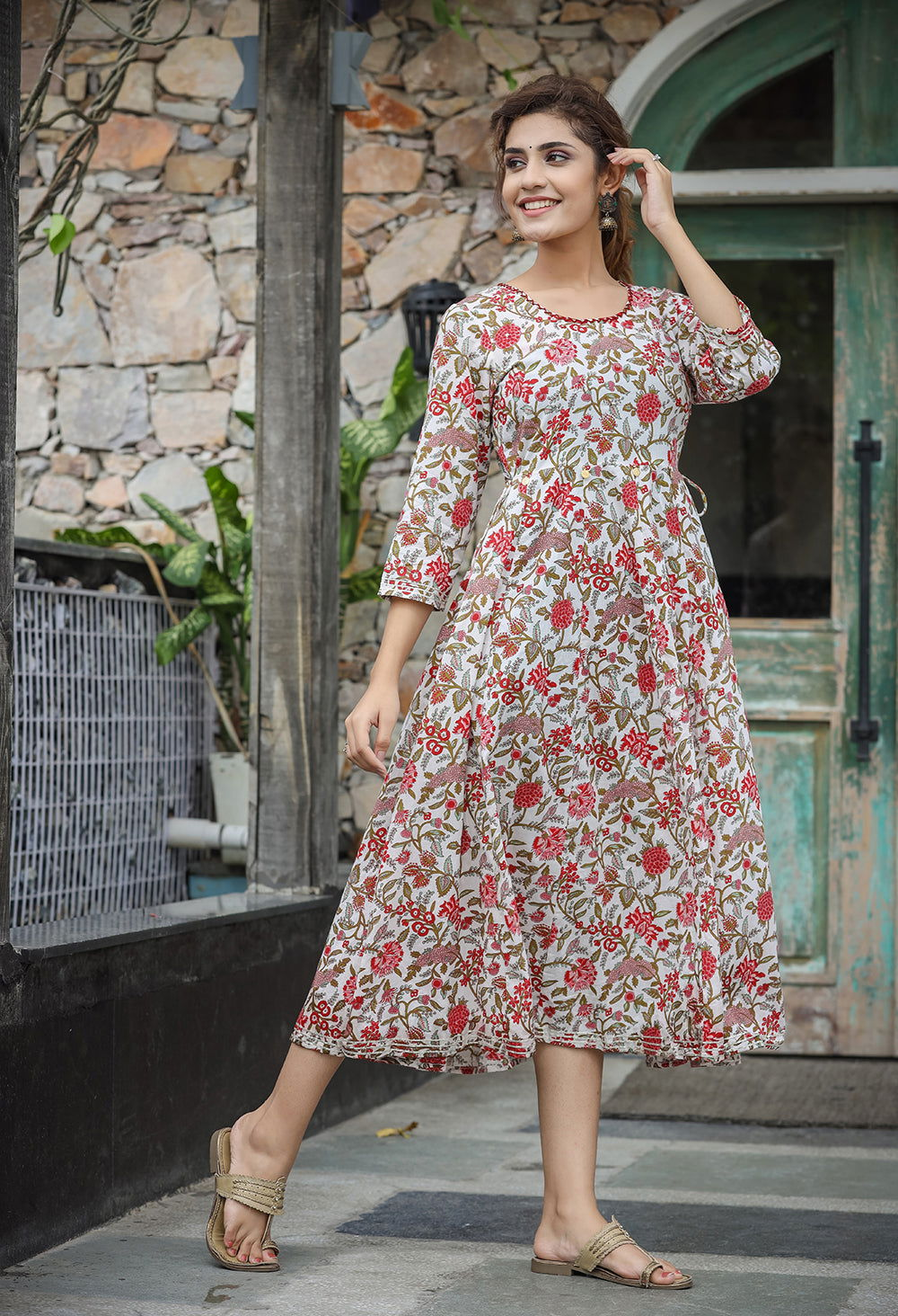 White Red Floral Printed Cotton Ethnic Dress - pacificexportsimports - #tag1#