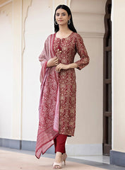 Women's Maroon Bandhej Print Modal Silk Kurta Pant Set With Dupatta - pacificexportsimports - #tag1#