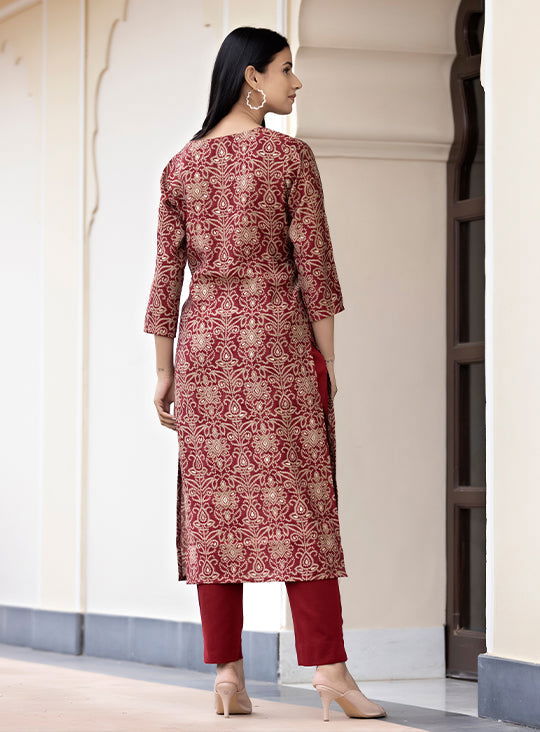 Women's Maroon Bandhej Print Modal Silk Kurta Pant Set With Dupatta - pacificexportsimports - #tag1#
