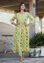 Yellow Floral Print Side Slit Cotton Kurta Pant Set - pacificexportsimports - #tag1#