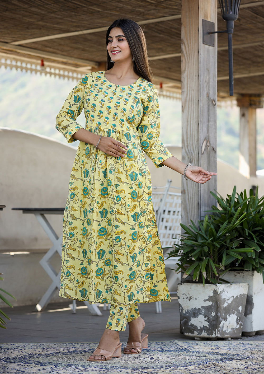 Yellow Floral Print Side Slit Cotton Kurta Pant Set - pacificexportsimports - #tag1#