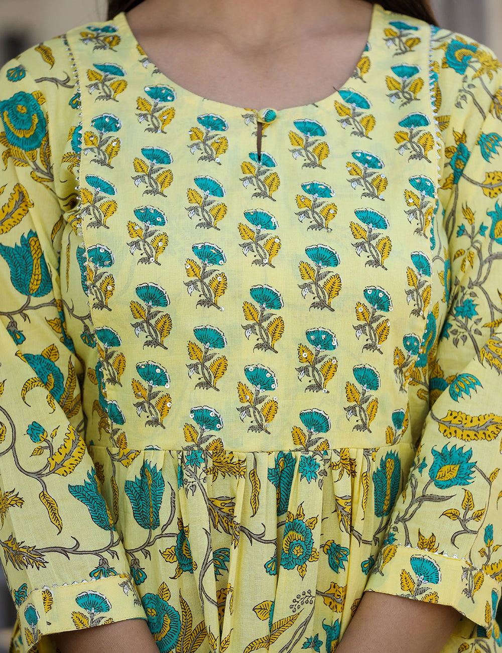 Yellow Floral Print Side Slit Cotton Kurta Pant Set - pacificexportsimports - #tag1#