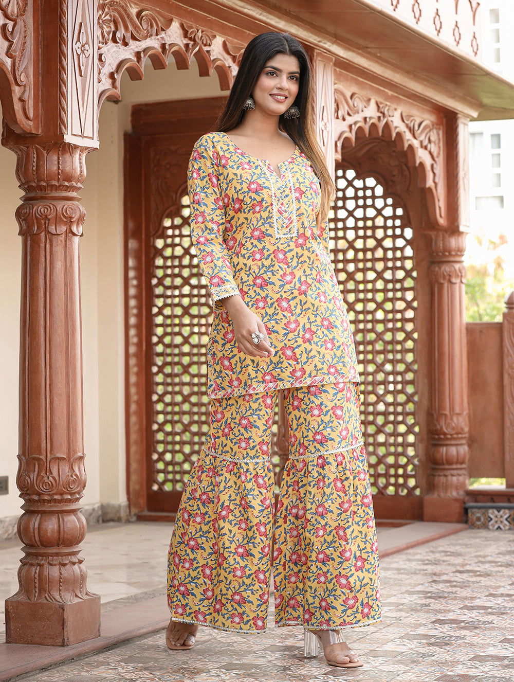 Yellow Floral Printed Kurta With Sharara - pacificexportsimports - #tag1#