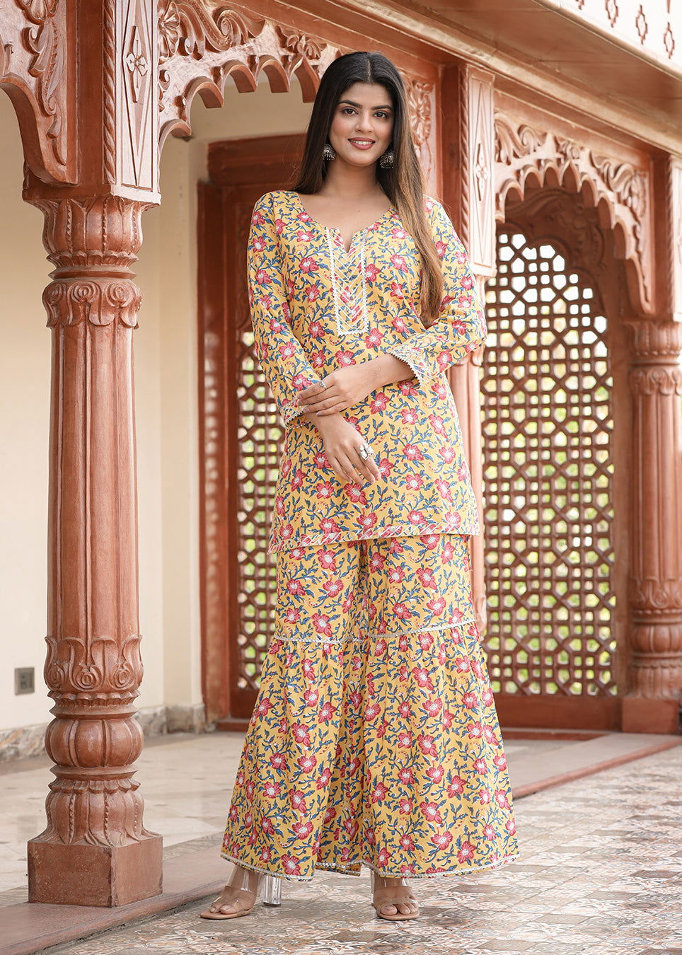 Yellow Floral Printed Kurta With Sharara - pacificexportsimports - #tag1#