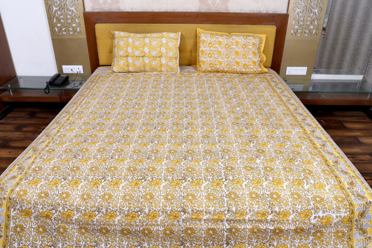 Yellow Hand-Block Print Bedsheet Set - pacificexportsimports - #tag1#