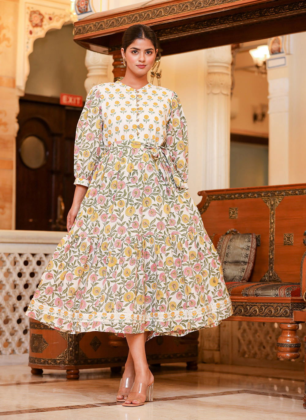 Yellow Handblock Cotton Embroidery Dress - pacificexportsimports - #tag1#