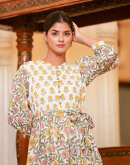 Yellow Handblock Cotton Embroidery Dress - pacificexportsimports - #tag1#