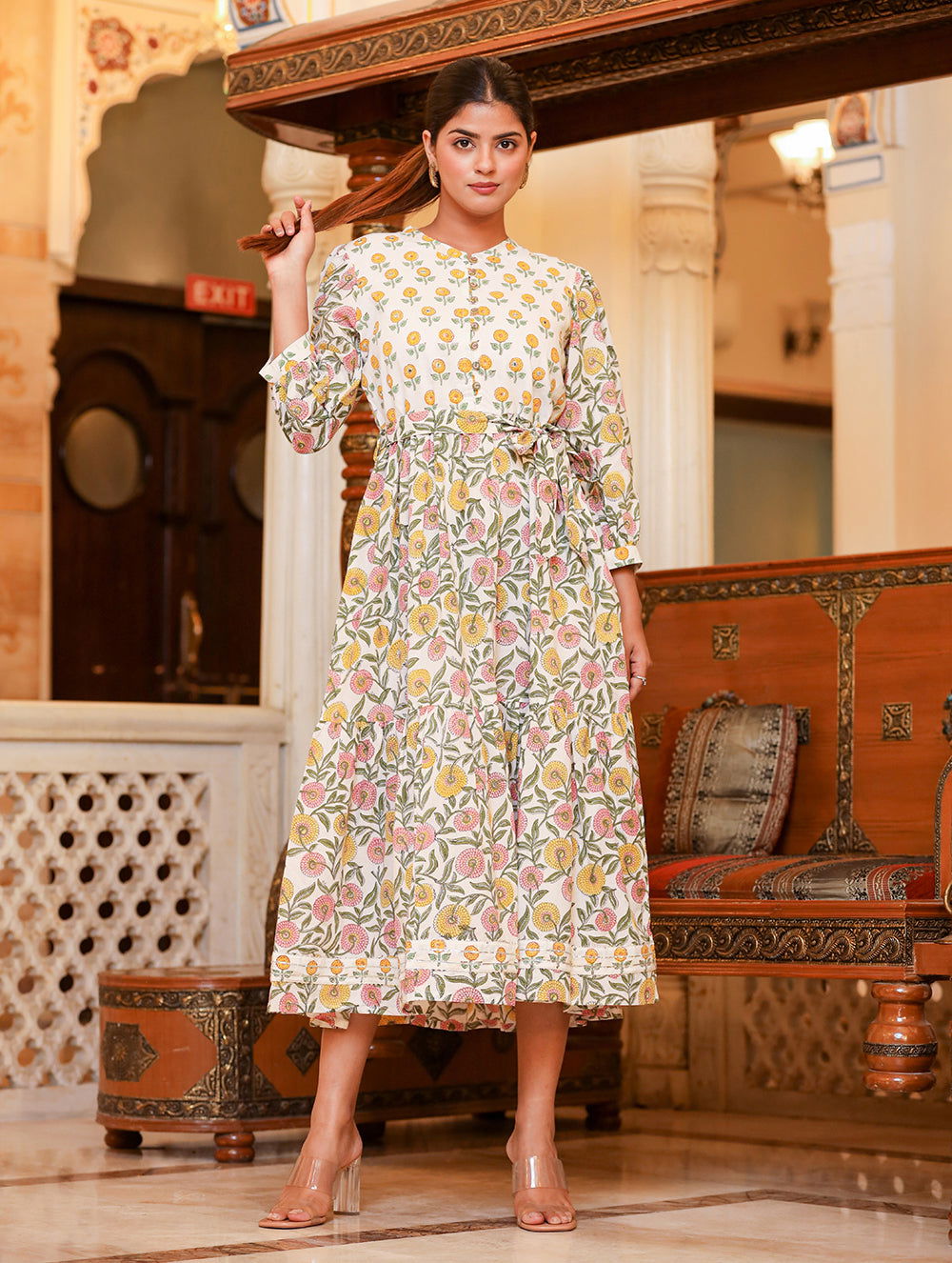 Yellow Handblock Cotton Embroidery Dress - pacificexportsimports - #tag1#