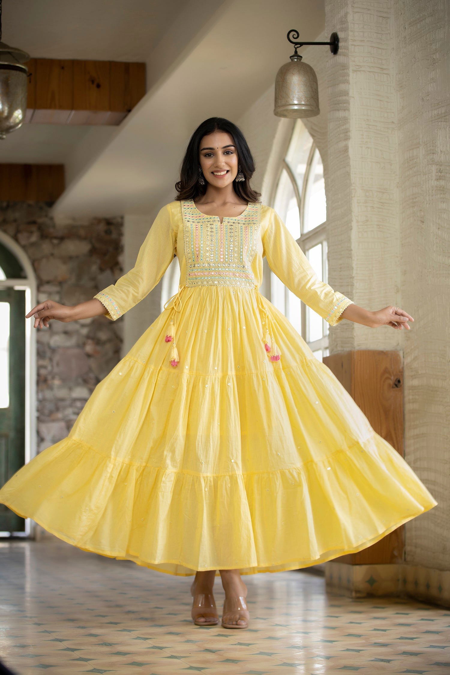 Yellow Mirror Embellishment Ethnic Gown - pacificexportsimports - #tag1#