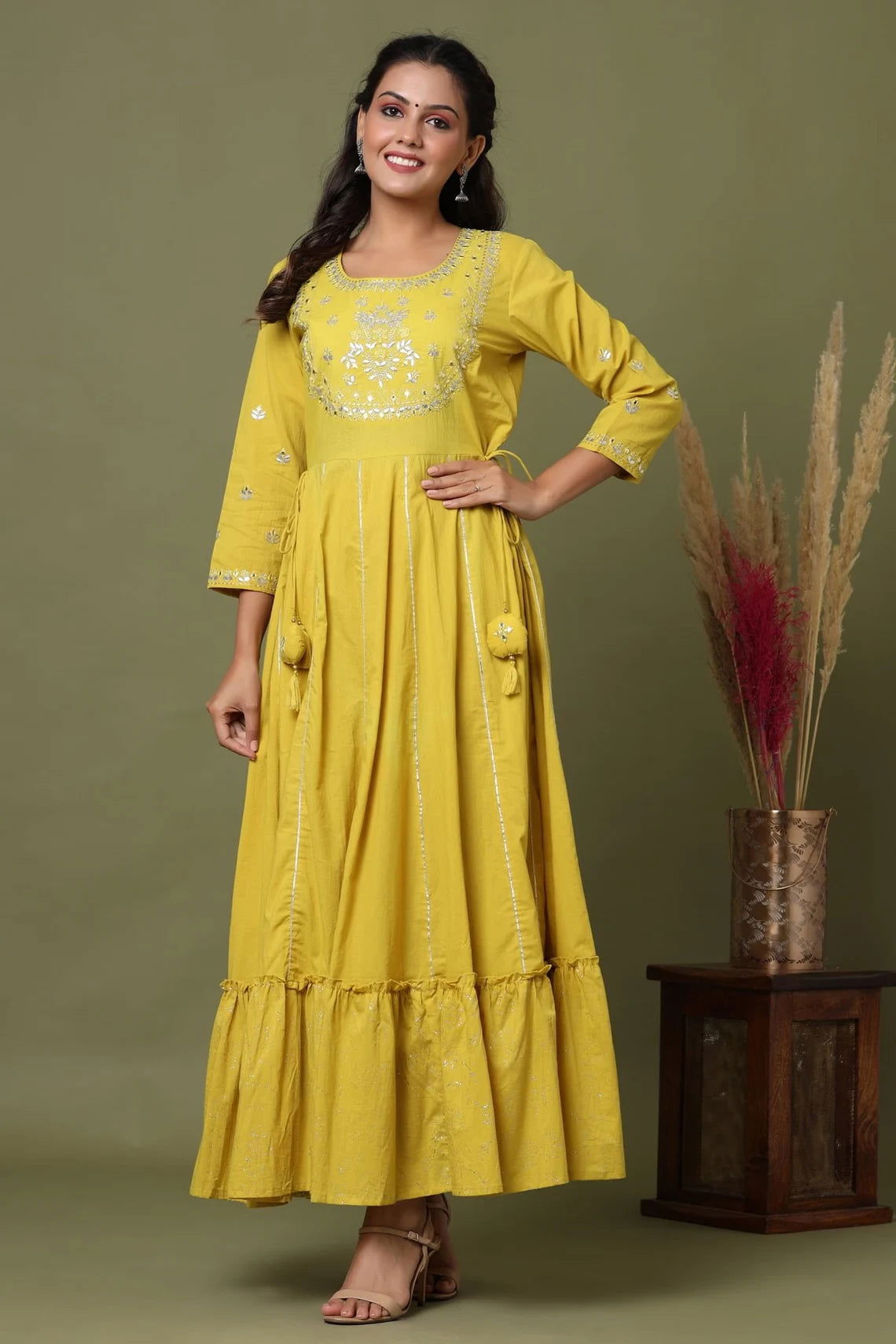 Yellow Mirror Embroidered Wedding Anarkali Dress - pacificexportsimports - #tag1#