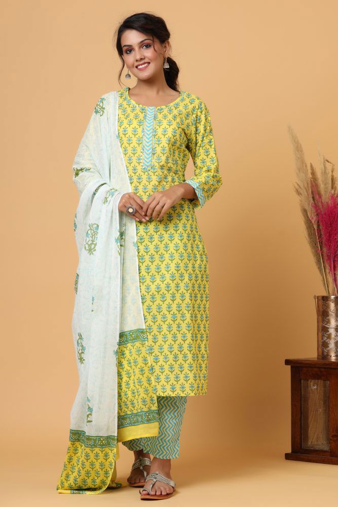 Yellow Printed Cotton Suit Set - pacificexportsimports - #tag1#