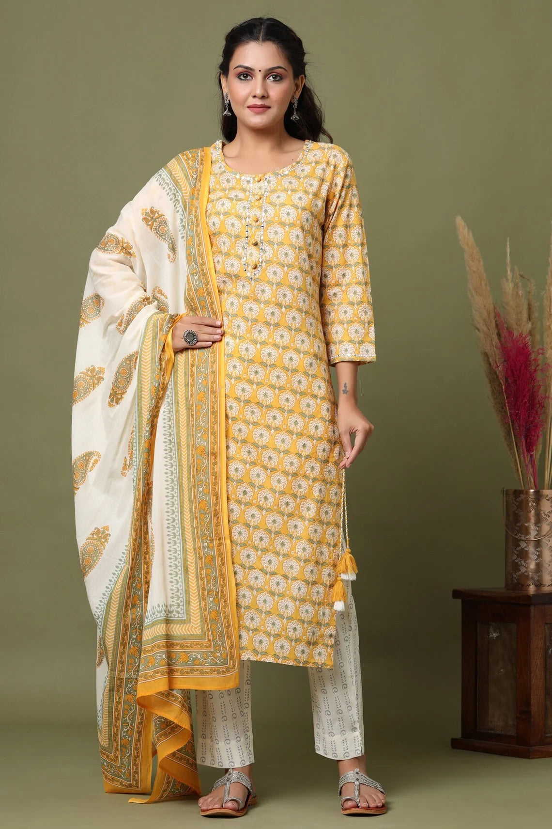 Floral Printed Kurti With Designed Stitch In Yellow. | Thasho LLP