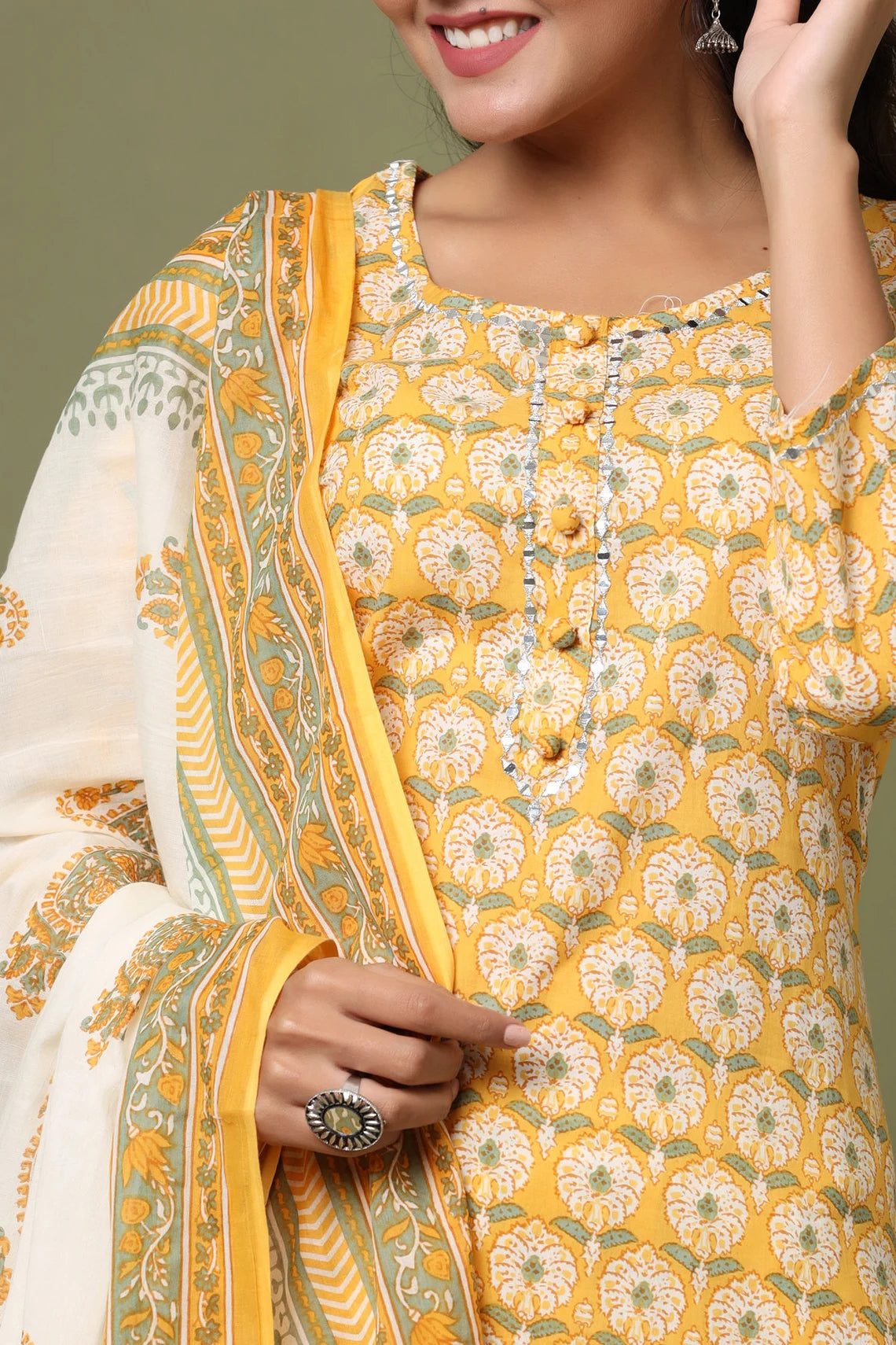 Floral Yellow Printed Cotton Mulmul Chikankari Short Kurti with Dori – STORI