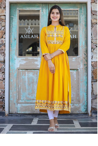 Indo Era Yellow Embroidered A-Line Ethnic Dress – indoera
