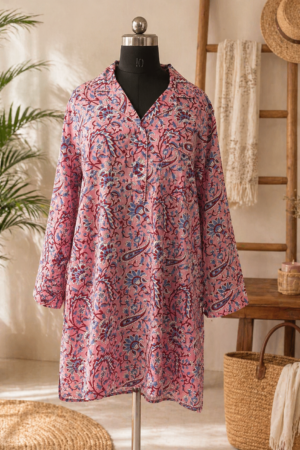 🌸 Handblock Floral Cotton Kaftan Top – Relaxed Fit Boho Tunic 🌸