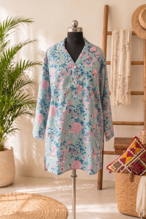 🌸 Handblock Floral Cotton Kaftan Top – Relaxed Fit Boho Tunic 🌸