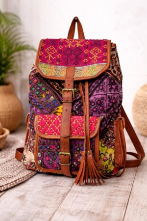 Leather Fringe Backpack: Upcycled Banjara Fabric, Vintage Tribal Rucksack